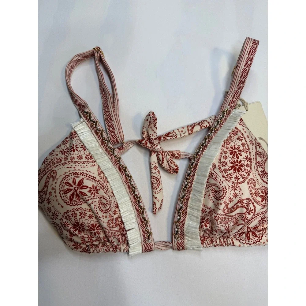Cosita Linda Red Paisley Beaded Triangle Bikini Top NWT Size L Fringe Boho